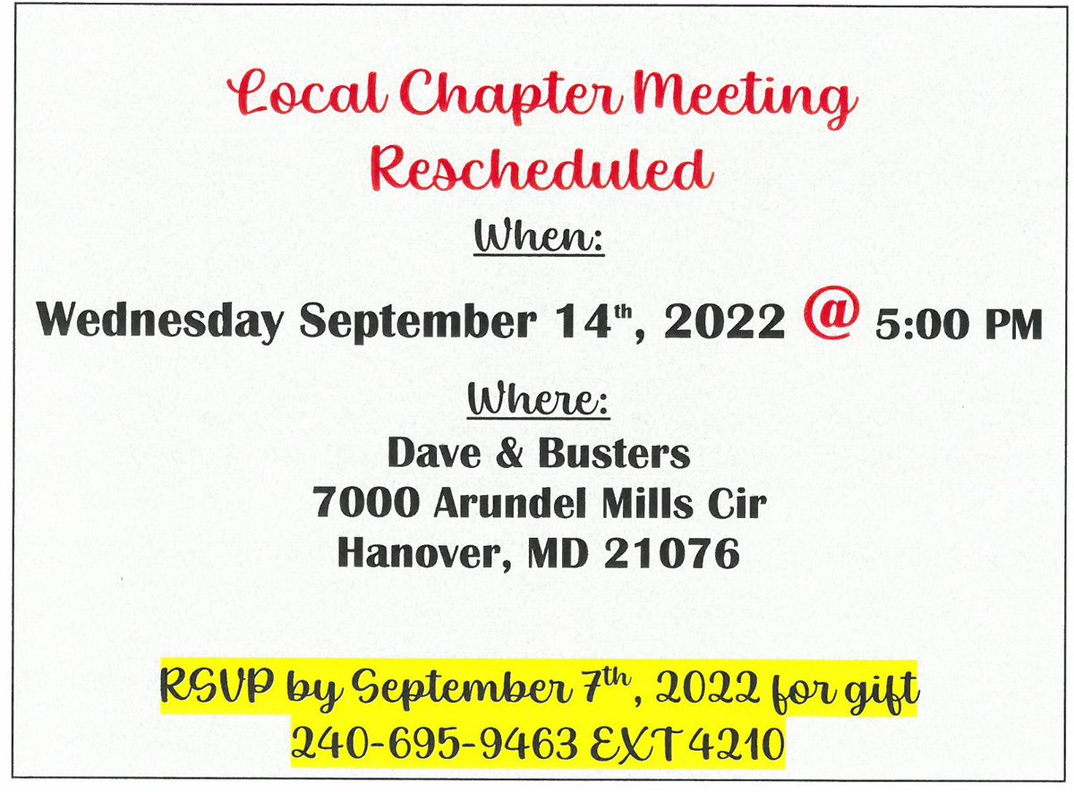 Good morning, Brothers and Sisters!

Just a reminder that our next Local Chapter Meeting (Baltimore &amp; DC Chapter) is next week!

Wednesday September 14th @ 5:00pm.

RSVP by September 7th, for a gift (240) 695-9463 ext. 4210.

We hope to see you there!