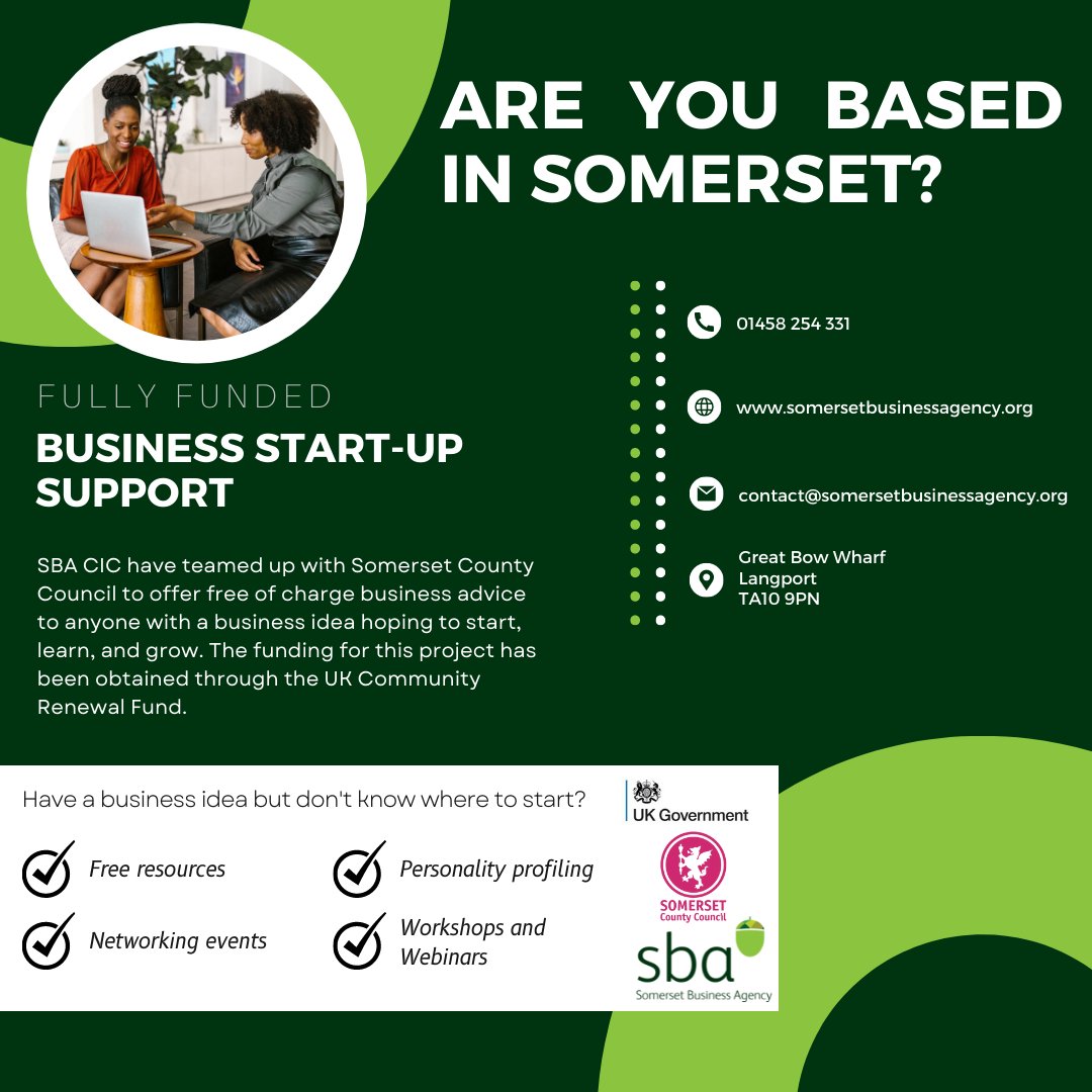 Based in Somerset? You could get free Business start up advice, 1:1s and support  via our #CommunityRenewalFund project - get in touch today! - contact@sbacic.org / 01458 254 331 
#Enterprise #BusinessStartUp #Ideas #Concept #Trading #Enterprise #Business #Startups