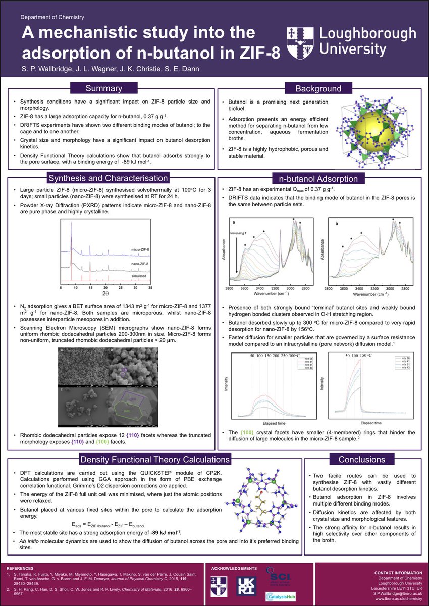 Here is my @8thMOF2022 poster! #MOF2022 #MOF2022function 

We are looking at the adsorption of n-butanol in ZIF-8 using DRIFTS experiments and DFT calculations. 

Come and see me in person, poster B2.83 💁🏻‍♂️