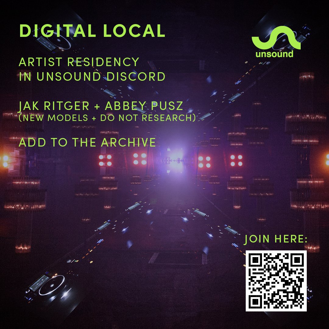 Starting Sunday: a residency with artists Jak Ritger and Abbey Pusz (<a href="/newmodels_io/">NEW MODELS</a> &amp; <a href="/donotresearch_/">DO NOT RESEARCH</a>) inside the Unsound Discord. They'll lead an excavation of 19 years/20 editions of our Kraków festival - and beyond. More info tinyurl.com/wz52r2sd
discord.gg/KSDve7WuVr