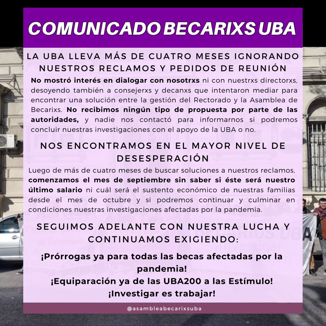 COMUNICADO DE LA ASAMBLEA DE BECARIXS UBA ANTE LA FALTA DE RESPUESTA DE LAS AUTORIDADES

¿De qué #OrgulloUBA hablan?

🚨 Basta de pisotear los derechos laborales de lxs becarixs
🚨 PRÓRROGAS YA
