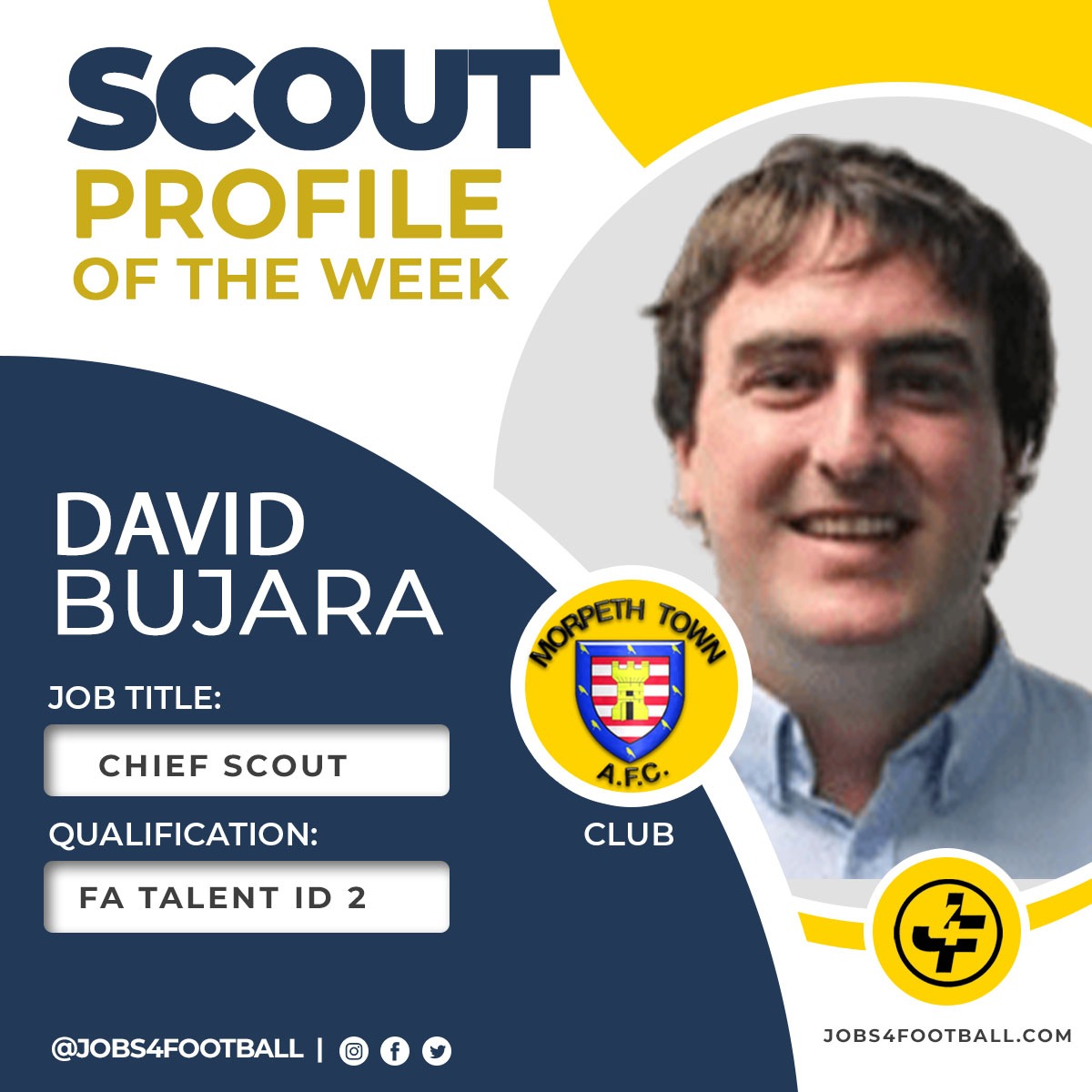 Jobs4football's tweet photo. Scout Profile of Week โ๏ธ
๐ต๏ธโโ๏ธ David Bujara (@Bujara1985)
๐ FA Talent Identification 2
๐ Chief Scout
๐ @MorpethTownAFC
Experienced scout structuring a new recruitment strategy with the Northern Premier League side.
#careerpathway #jobs4football #cvprofile #mentoring #network https://t.co/JTM3OEceoR