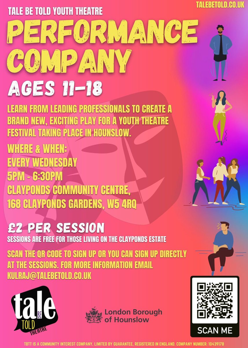 Our Brentford Youth Theatre has a brand new venue, Clayponds Community Centre & restarts this week! It’s FREE for Clayponds residents! For ages 11 plus, young people will work towards creating their own shows For more info or to sign up email kulraj@talebetold.co.uk #brentford