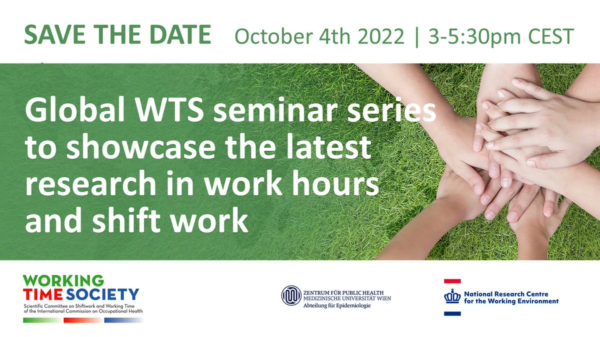 One month to go!! 
This second global WTS seminar will feature recent research highlights on shift work and human health.  Join us and support the future of Working Time Science! Follow this link for registration: buff.ly/3PCKYO6
#Shiftwork #WTS_ICOH