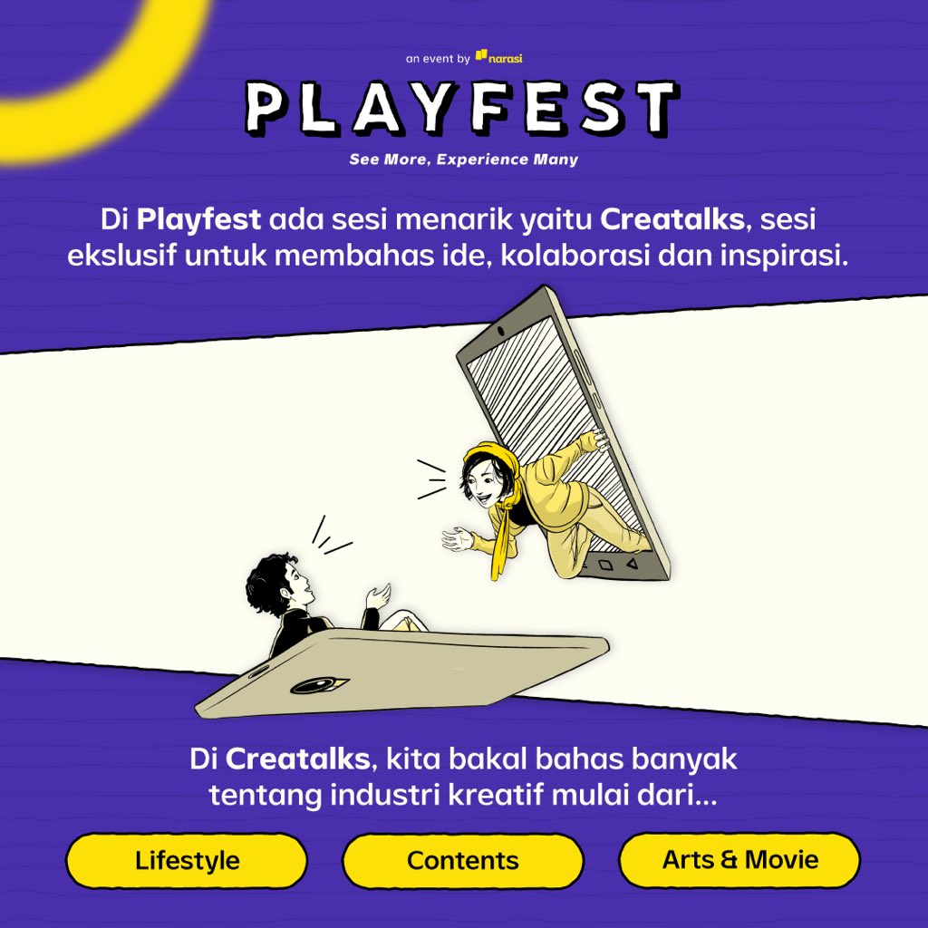 playfestnarasi's tweet image. Banyak ide dan insight menarik yang bisa kamu dapatkan di Creatalks. 🤩

Kamu juga bisa dapet temen baru dan interaksi langsung bareng para speakers yang bakal sharing tentang industri kreatif dalam berbagai bidang. | Playfest

#Playfest2022 #ReactivateYourSense