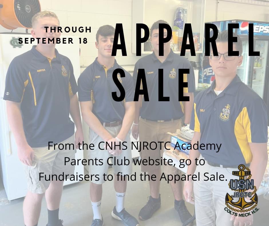 The apparel sale is now open on our website through September 18! Now is the time to grab personalized shirts, hoodies, jackets, travel bags and other merch! 

New this year is a personalized NJROTC blanket for those early morning bus trips! 

cnhsnjrotcpc.membershiptoolkit.com/packet/3728
