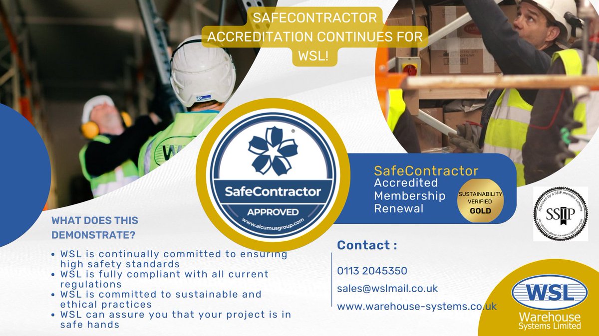 Warehousesystem's tweet photo. For the #WSL team, this is another fantastic achievement! Our @safe_contractor accredited membership has been successfully renewed with #gold sustainability verified! #safecontractor #safecontractorapproved #SSIP #healthandsafety #safety #safetyatwork https://t.co/S7A83aa11w