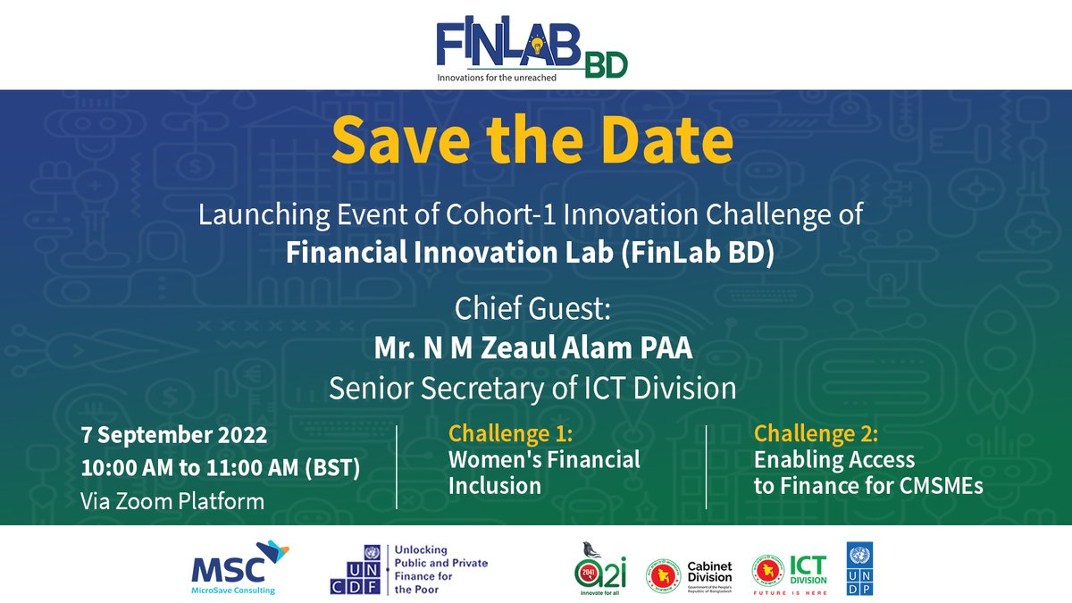 a2i_bd's tweet photo. 📢 Do you have a solution to improve women's #FinancialInclusion or access to capital for #MSMEs in #Bangladesh?
🔗 Connect on Zoom on 7 Sep at 10 am (Dhaka time) to the launch of #FinLabBD’s cohort-1 innovation challenge: https://t.co/q7EEkCGbYg
With @UNCDFdigital & @MicroSave https://t.co/Fl2Nq4ZO7u