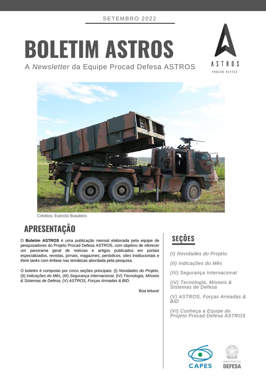 AstrosProcad's tweet photo. Hoje foi lançada a oitava edição do Boletim ASTROS!
Para a versão completa acesse: https://t.co/ev3KNnVRJX
#astros #procad #tecnologia #defesa #segurançainternacional #misseis #ufpb #unb #ufrgs #brazil #brazilianarmy #missile #defense #internationalsecurity #technology https://t.co/gLNOULQb3Y