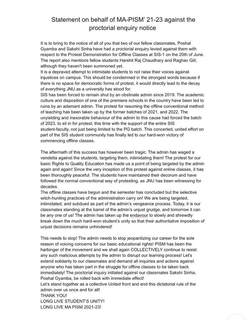 SISMA2021's tweet photo. When students fight for their basic right to quality education, they are rewarded with such a proctorial enquiry. This is a direct attack on the legacy of JNU. 

We collectively challenge such actions against our friends. https://t.co/pLJ4MSu545