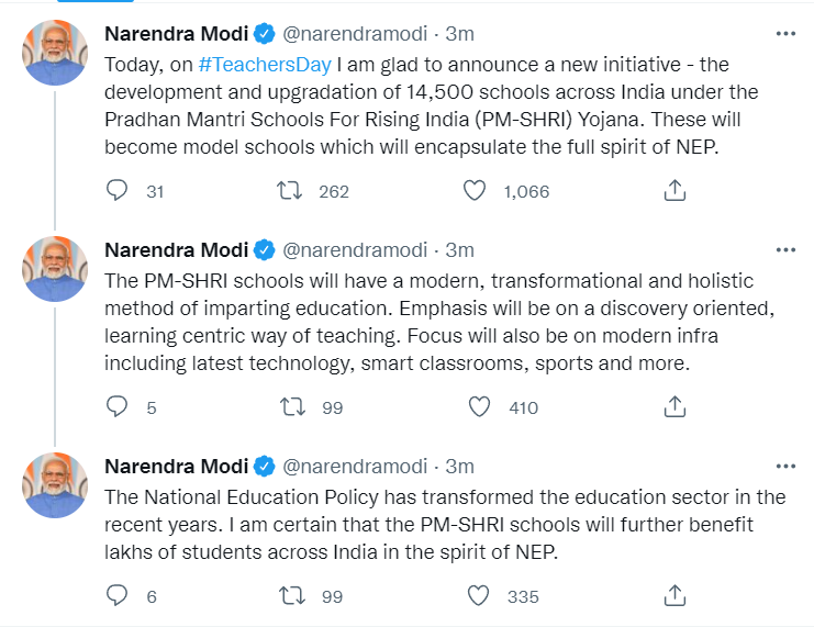 ANI's tweet photo. PM Narendra Modi announces the development and upgradation of 14,500 schools across India under the Pradhan Mantri Schools For Rising India (PM-SHRI) Yojana

#TeachersDay2022 https://t.co/0uhh3Dv2Bw