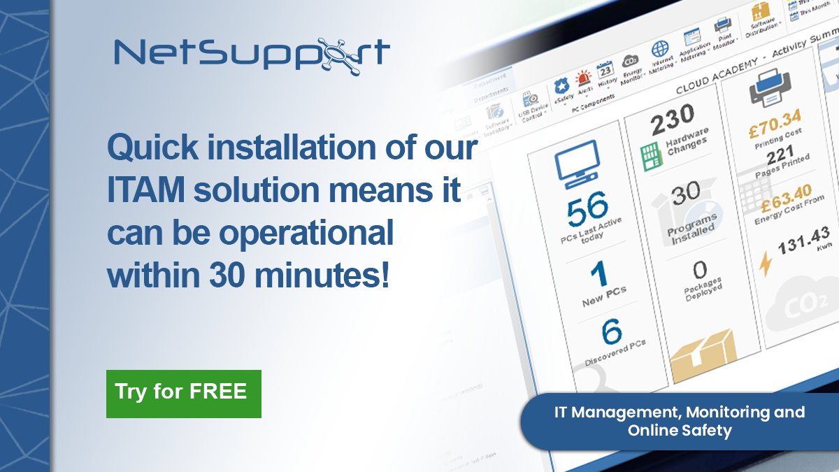 NetSupportGroup's tweet photo. Our intuitive ITAM solution, #NetSupportDNA, can be installed and operational for your school within 30 minutes – without having to pore through handbooks and manuals. Try it out for free here https://t.co/O33wPO3ffO
#ITAM #ClassroomSolution #TechnicianTools #EdTech https://t.co/PeJw614BXA