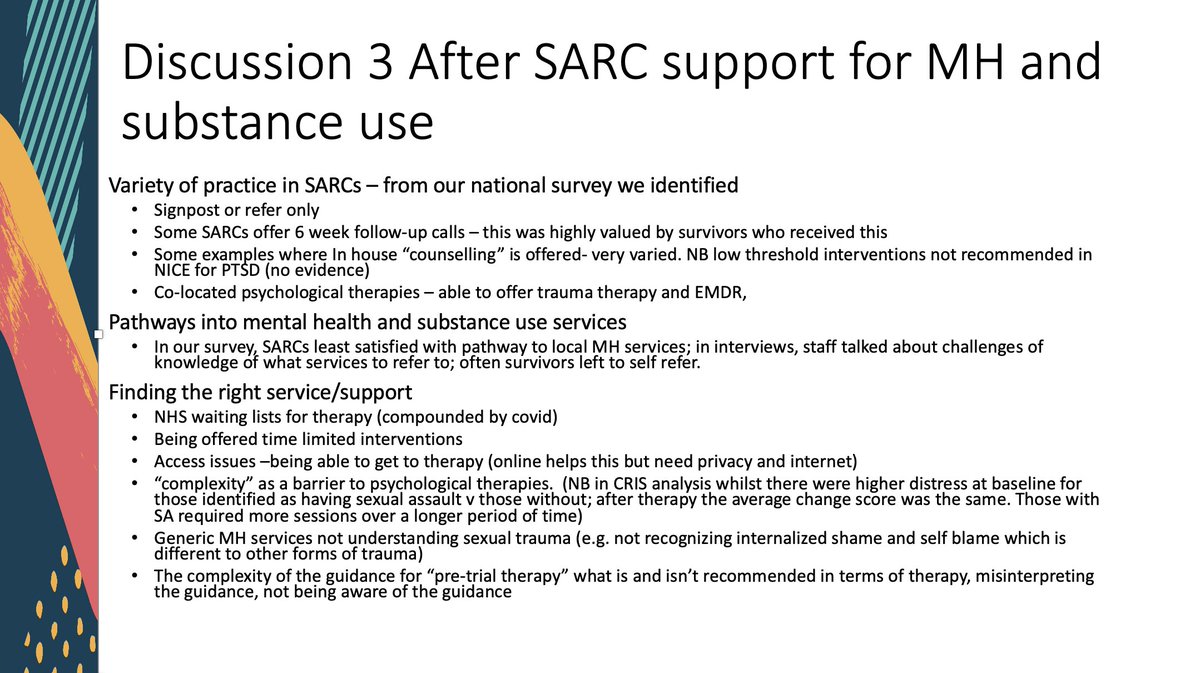 Mental_Elf's tweet photo. The @astudyMimos national survey of sexual assault referral centres #SARCs found very varied support offered for mental health & substance use:
- signpost/referral
- 6 week follow-up calls
- very varied "counselling"
- co-located psychotherapy (trauma therapy, EMDR)
#MiMoSstudy https://t.co/Vz19Zx22uE