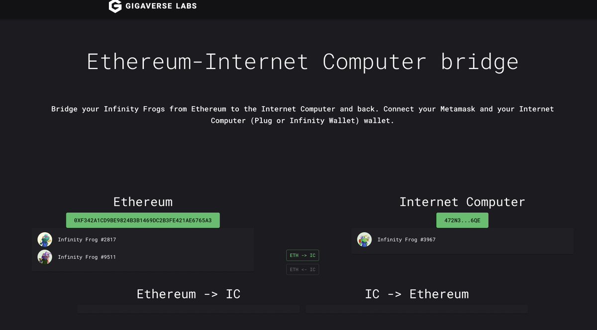 buzzboyccc's tweet photo. Jumped my #InfinityFrogs from #ETH to the #ICP via @GigaverseLabs bridge 🥂
Cost about 5 bucks per frog
No gas on the #IC for the win 🦾 https://t.co/DAGlkNqPBI