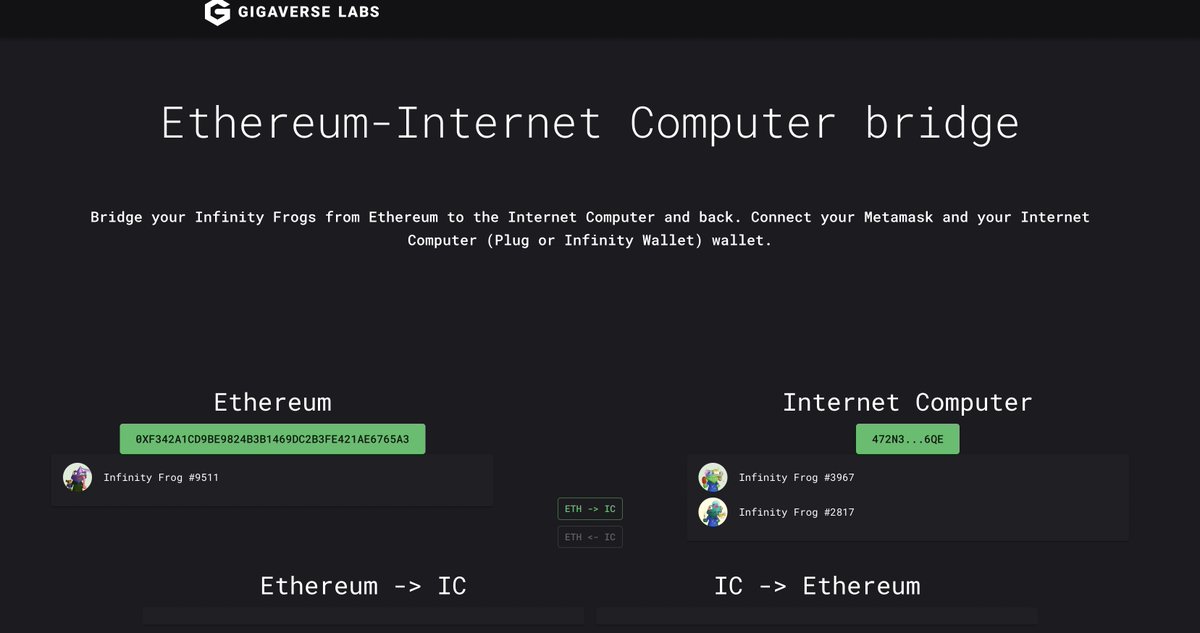 buzzboyccc's tweet photo. Jumped my #InfinityFrogs from #ETH to the #ICP via @GigaverseLabs bridge 🥂
Cost about 5 bucks per frog
No gas on the #IC for the win 🦾 https://t.co/DAGlkNqPBI