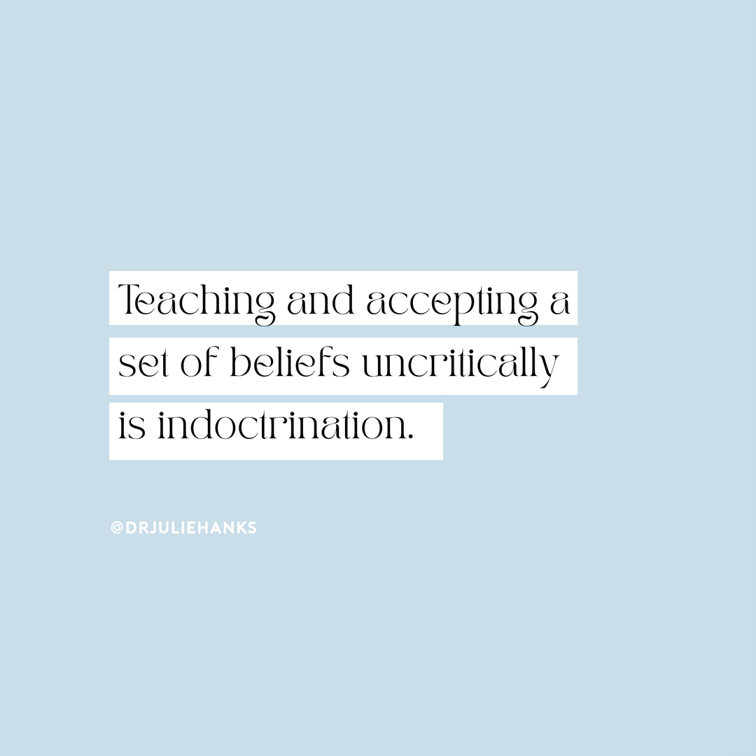 drjdeazevedo's tweet photo. Teaching and accepting a set of beliefs uncritically is indoctrination. 
If you teach them a set of beliefs and how to think critically, it’s not indoctrination.
⠀⠀⠀⠀⠀⠀⠀⠀⠀
Letting your children know that they can ask themselves, “does that feel true to you?� https://t.co/eagVasr0dU