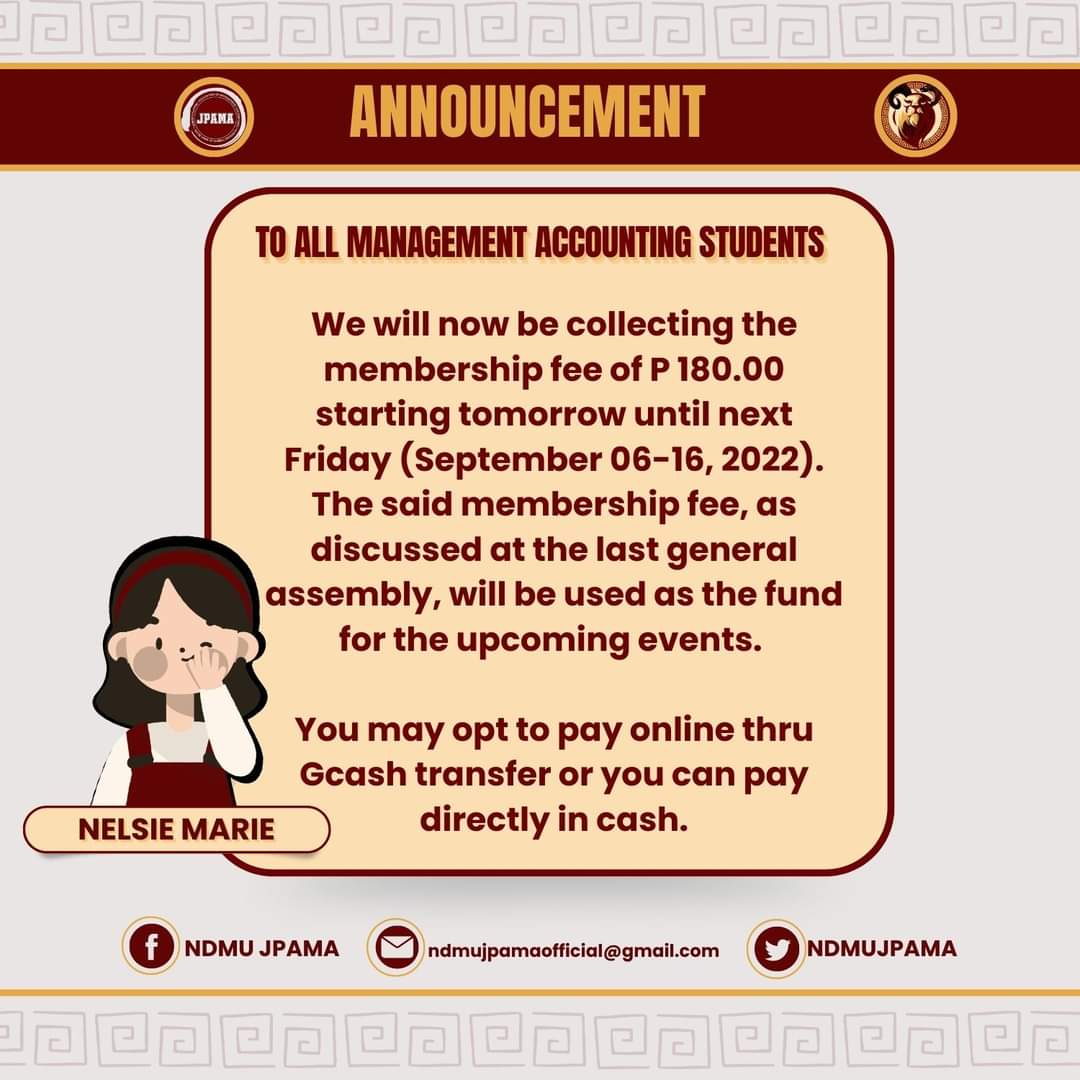 NDMUJPAMA's tweet photo. Please take note of the membership fee collection information and schedules listed below.

Thank you and God bless, Man Accs!💖

#MaximaJPAMA 🔥
#NDMUJPAMA

3/3 https://t.co/2S23WsuBAE