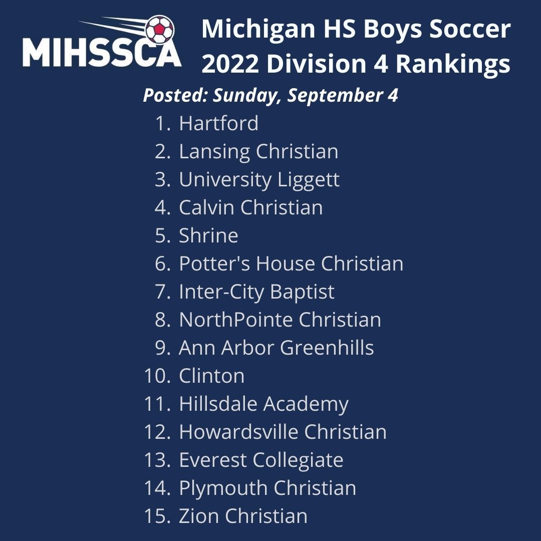 2022 MIHSSCA (<a href="/MiSoccerCoaches/">MIHSSCA</a>)
Michigan HS Boys Soccer
Division 4️⃣ State Rankings
📅 Sunday, 9/04

The current #1-ranked team in Division 4 in Michigan is Hartford.