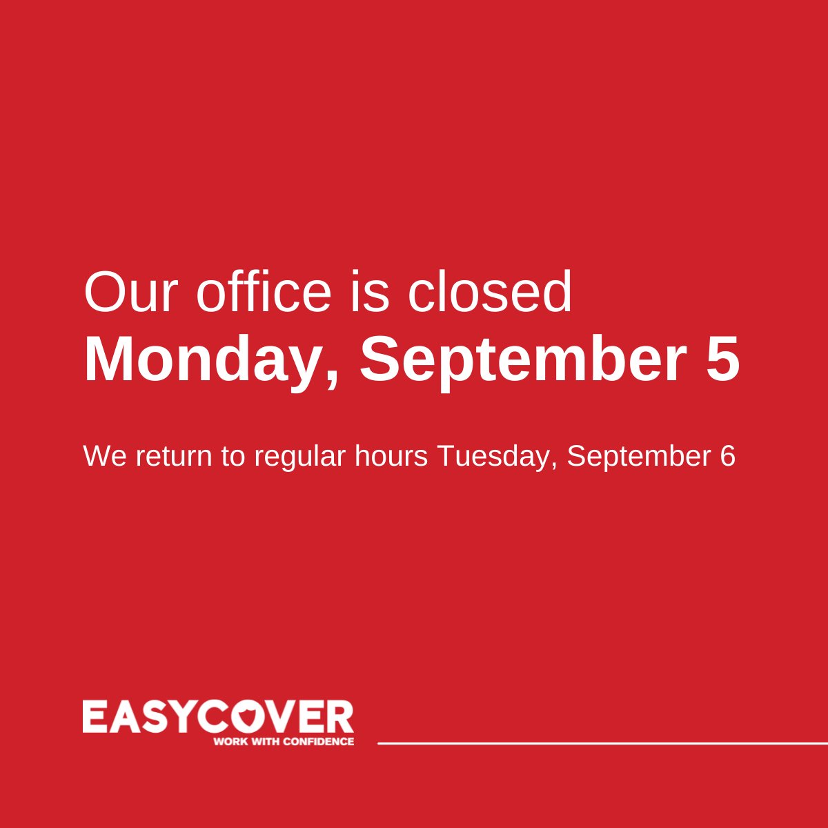 Easy_Cover's tweet photo. Our office is closed today! We return to regular business hours on Tuesday, September 6.

In the event of a claim, please visit: https://t.co/Hy1Mkvxm6Z https://t.co/f3qY4lgdiU