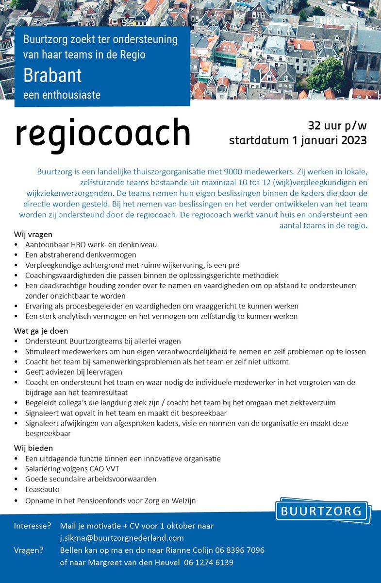 buurtzorg's tweet photo. #Buurtzorg zoekt per 1 januari 2023 een enthousiaste #REGIOCOACH ter ondersteuning van de teams in de regio #BRABANT voor #32uurperweek.
Interesse? Mail je motivatie en CV voor 1 oktober: j.sikma@buurtzorgnederland.com
Klik voor meer info op de vacature! https://t.co/Wd3xwXFaT6