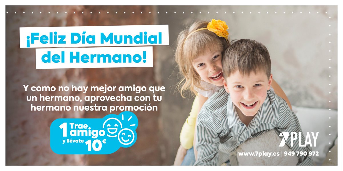 7PlayOficial's tweet photo. Hoy queremos celebrar el #DíaMundialDelHermano con una súper #promoción para ti y para tu hermano. 

Y es que no hay mejor amigo que un hermano👭, por eso aprovecha nuestra promoción, trae a tu hermano a #7Play y llévate 10€.

#DíaMundialdelHermano #hermanos #hermanas #amigos https://t.co/nx8CKb8eEu