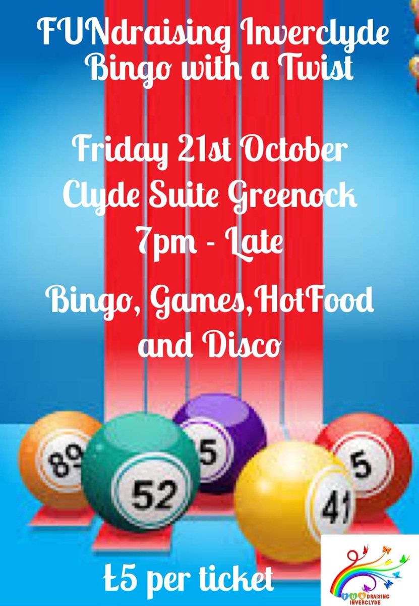 FUNdraisingInv1's tweet photo. FUNdraising Inverclyde's
Bingo Night &amp; Disco 💃

Friday 21st October - 7pm open for a 7.30pm start x

Clyde Suite, Greenock 
£5 per ticket includes hot food. 

Drop us a DM to get your tickets!x

#stickortwist #charitynight #bingo #disco https://t.co/Ns5w6yAaTp