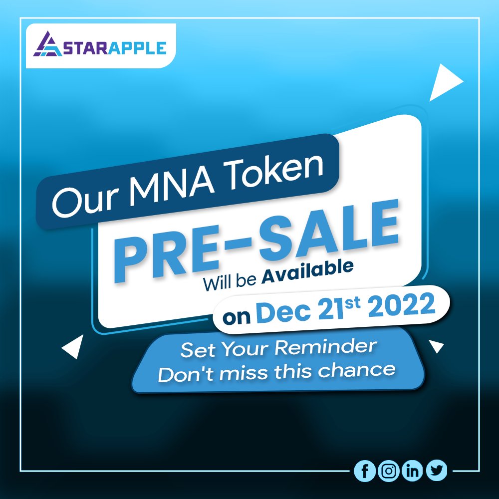 StarappleM's tweet photo. Stay Tuned for our Token Pre-Sales. Reap the benefits of this pre-sale and grabs some MNA Tokens.
#StayTuned 
#grabtheoffer
#GrabOffer
#mnaprocess
#MNA
#mnarules
#mnatoken
#tokenization  
#starapplelabs
#starapple
#starapplemna https://t.co/Fe7VJMAKJa