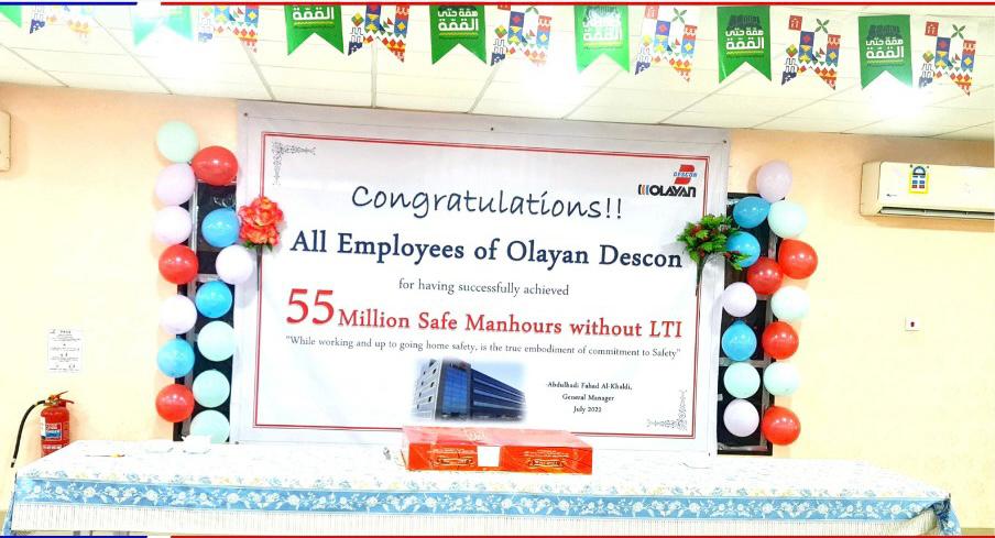 55 Million Safe Manhours, the #achievement  was celebrated with #commitment  from #team #olayandescon to stay best in #safetyculture and #awareness . All offices, sites, workshops and personnel, #acknowledged for their #contribution  towards the #success .
 #olayan #descon