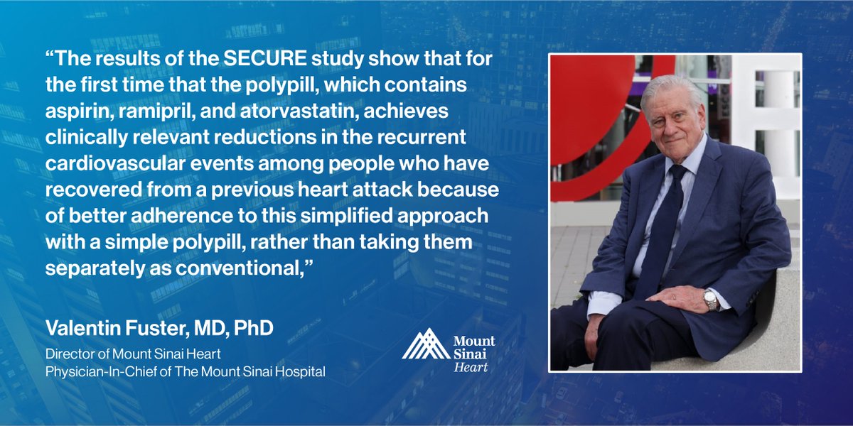 IcahnMountSinai's tweet image. The SECURE trial led by Dr. Valentin Fuster found that the three-drug medication known as a “polypill” reduces recurrent #cardiovascular events among people who have recovered from a previous heart attack: mshs.co/3QWEJ8I

@MountSinaiHeart @MountSinaiNYC #CardioTwitter