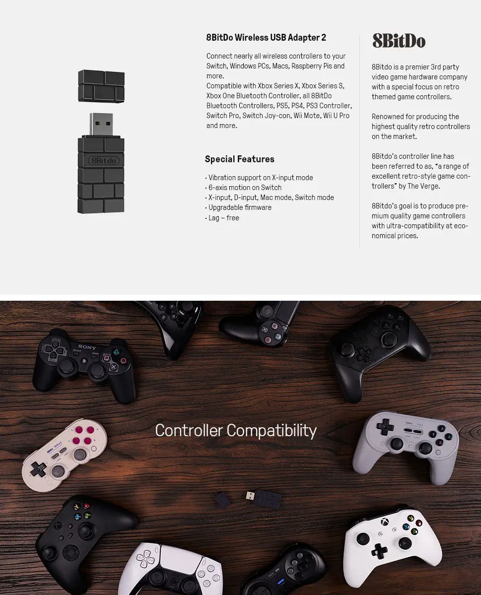 8BitDo USB Wireless Bluetooth Adapter 2 for PC Mac Raspberry Pi Nintendo  Switch Steam Deck Support PS5 Xbox JoyCon Controller - AliExpress