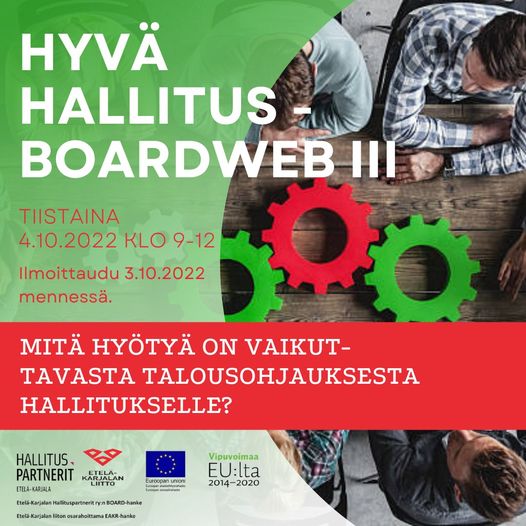 Yrityksen hallitus tekee paljon päätöksiä ja haluaa onnistua niissä. Mitä hyötyä on vaikuttavasta talousohjauksesta hallitustyöskentelyyn? Lue lisää ja tule mukaan: 
etela-karjala.hallituspartnerit.fi/tapahtumat/ 
#ekhp #board2022 #kehittyvähallitus #hallitustyö #stategia #johtaminen