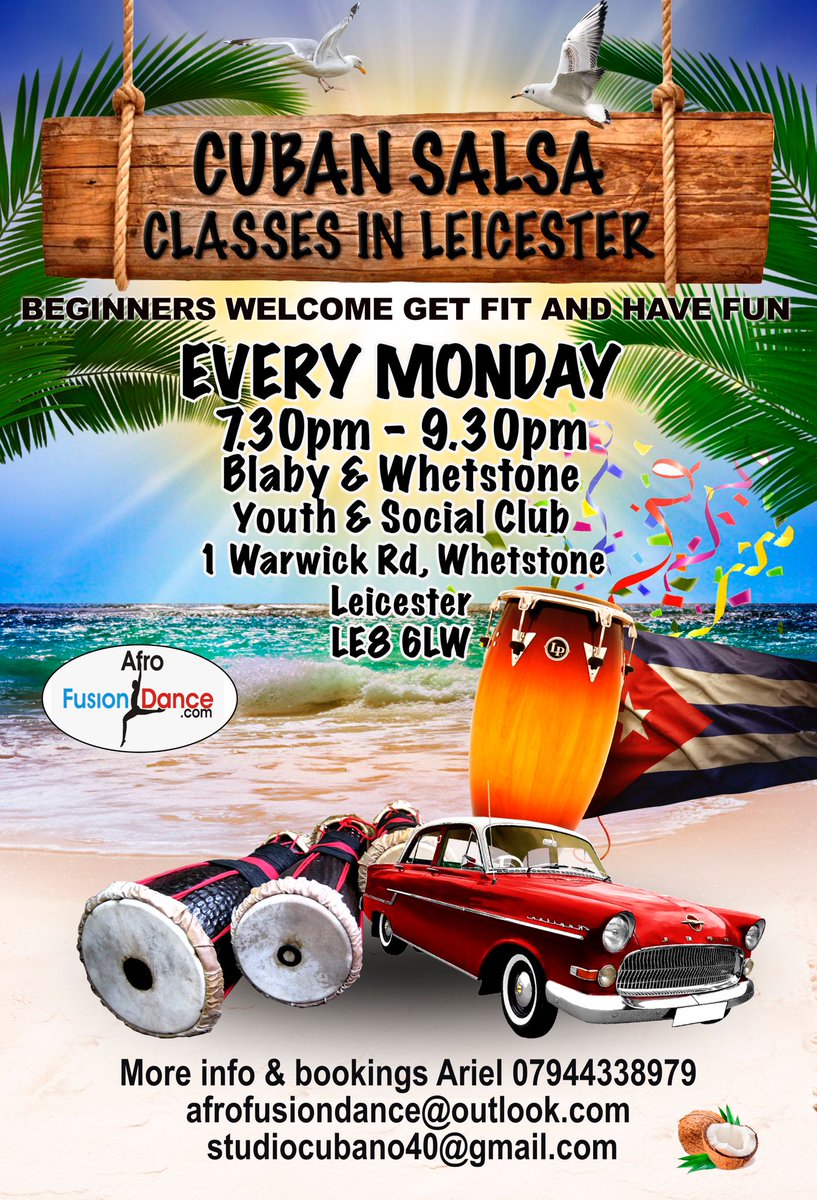 EVERY MONDAY CUBAN SALSA CLASSES 🇨🇺👌🏿  
<a href="/Blaby/">Blab Y</a> and Whetstone Youth &amp; Social Club

7.30pm – 8.30pm Beginners 
7.30pm – 8.30pm Improvers &amp; Intermediate 
8.30pm – 9.30pm Social Dancing    

@ Warwick rd
LE8 6LW 

Tl. 07944338979 
afrofusiondance@outlook.com 
studiocubano40@gmail.com