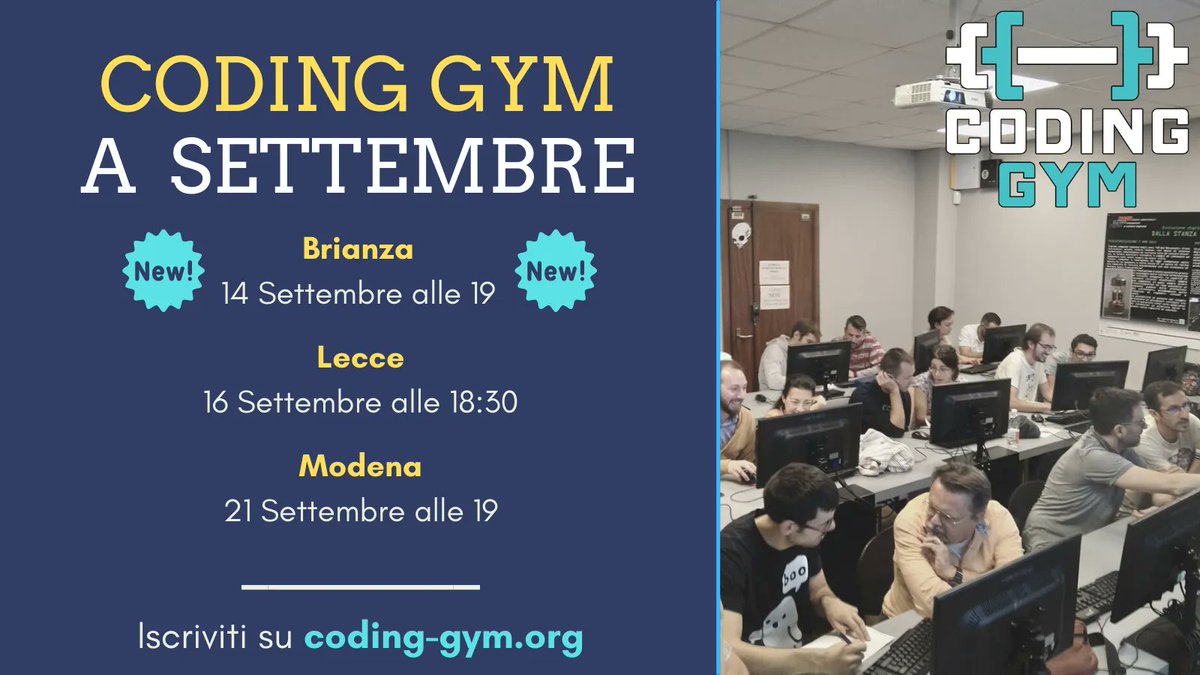 coding_gym's tweet photo. 📢 Coding Gym riaccende i motori! Ti aspettiamo a Lecce, Modena e nella nuovissima location in Brianza! Ci alleniamo a risolvere problemi di programmazione collaborando con altre persone. Iscriviti gratuitamente: https://t.co/YEERQbDj20
#codinggym #programming #community https://t.co/E8JFlQxf88