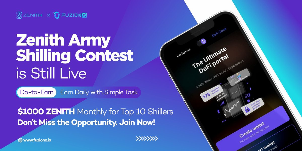 FuzionX_io's tweet photo. Applications to join Zenith Army Shilling Contest is still ongoing 🔥
Grab this opportunity to earn daily🤗
Top 10 Shillers will share $1000 monthly🤑
Let's tell the world about Zenith 🚀
Join now👇
https://t.co/vqSRONY4ef
#FuzionX #ZenithChain #ZenithArmy https://t.co/cu4EmxGcCy