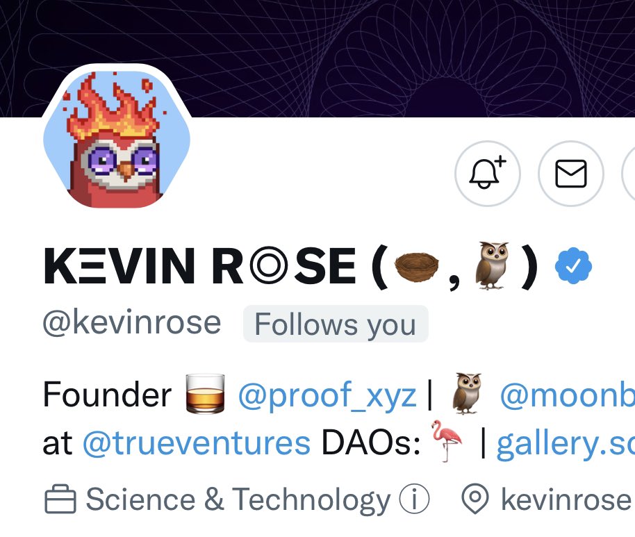 I’ve owned a lot of #NFT projects &amp; tweeted about them. This is the first time a founder has followed me &amp; Ive only owned a <a href="/moonbirds/">Moonbirds</a> for a few days. I’d say that’s bullish.🦉<a href="/proof_xyz/">PROOF</a> <a href="/kevinrose/">Kevin Rose</a>