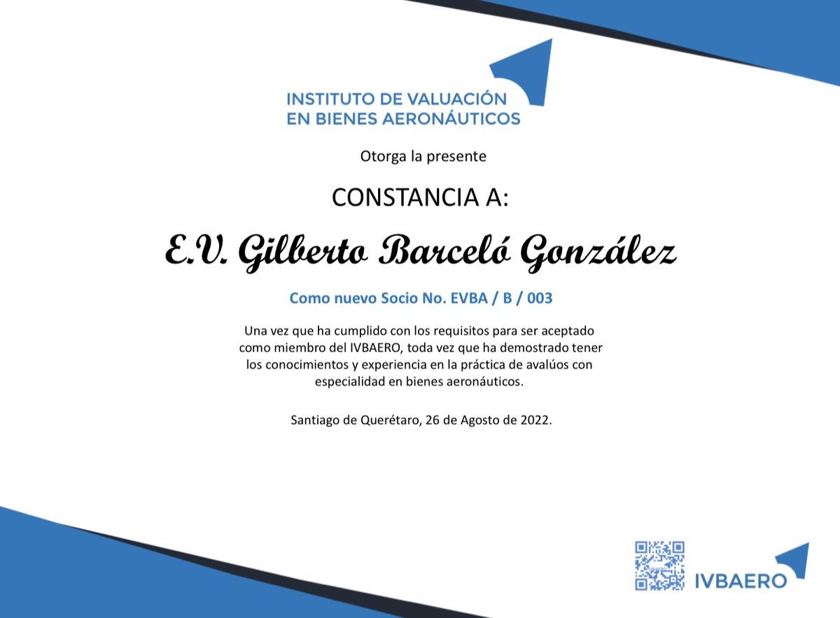 ivbaero's tweet photo. Le damos la Coordial Bienvenida al Instituto de Valuación de Bienes Aeronáuticos a nuestro compañero y nuevo socio E.V.B.A. Gilberto Barceló González
Con Domicilio : Sonora Méx.
E.V.B.A. (Especialista en Valuación de Bienes Aeronáuticos)
BIENVENIDOS ¡¡¡¡¡¡¡¡¡¡. #ivbaero https://t.co/oASoLoFKKY