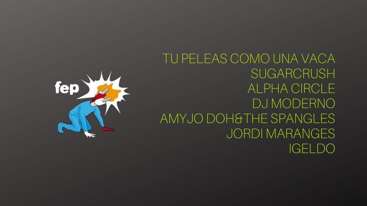 FEP PRODUCCIONES (@fepproducciones) on Twitter photo ABIERTA CONTRATACION ARTISTAS FEP PRODUCCIONES SALAS/FESTIVALES 2023
Acabando un verano con varios festivales y un montón de bolos nos ponemos a buscar conciertos y festivales para nuestras bandas en 2023!
Contáctanos -> fepproduccciones@gmail.com
Info -> bit.ly/ROSTERFEP ABIERTA CONTRATACION ARTISTAS FEP PRODUCCIONES SALAS/FESTIVALES 2023
Acabando un verano con varios festivales y un montón de bolos nos ponemos a buscar conciertos y festivales para nuestras bandas en 2023!
Contáctanos -> fepproduccciones@gmail.com
Info -> bit.ly/ROSTERFEP