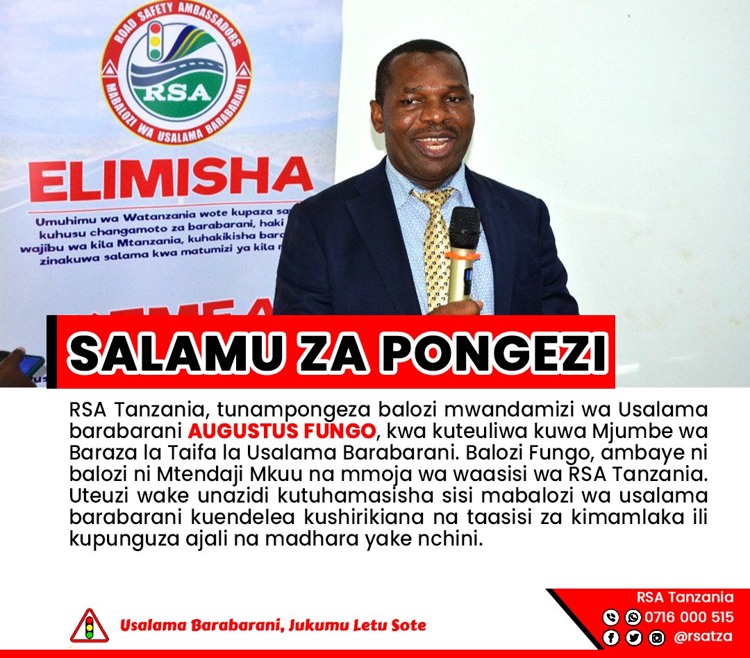 rsatza's tweet photo. RSA Tanzania, tunawapongeza mabalozi na washirika wetu katika kuimarisha usalama barabarani nchini, ambao wameteuliwa kuwa wajumbe katika Baraza la Taifa la Usalama Barabarani Tanzania. Tuna imani na mchango wao katika kuhakikisha tunakuwa na barabara salama. https://t.co/J4MQIYfDPG