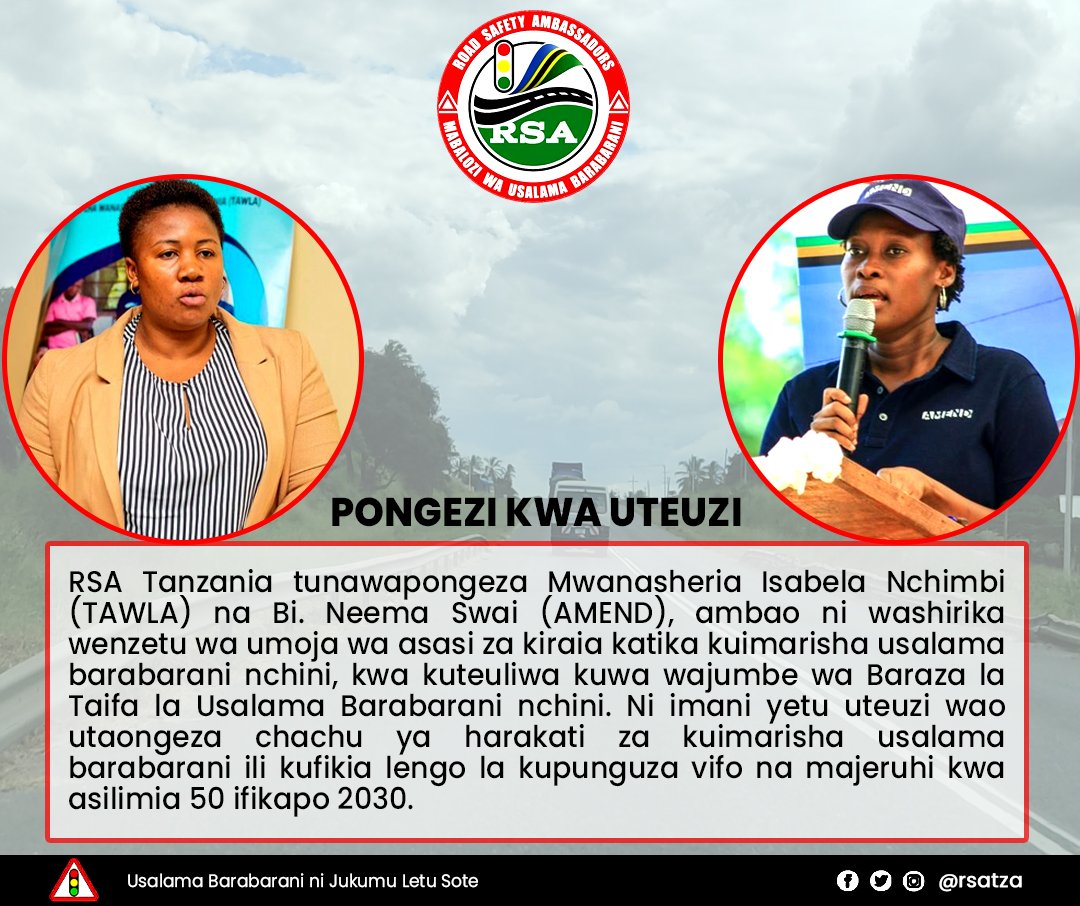 rsatza's tweet photo. RSA Tanzania, tunawapongeza mabalozi na washirika wetu katika kuimarisha usalama barabarani nchini, ambao wameteuliwa kuwa wajumbe katika Baraza la Taifa la Usalama Barabarani Tanzania. Tuna imani na mchango wao katika kuhakikisha tunakuwa na barabara salama. https://t.co/J4MQIYfDPG