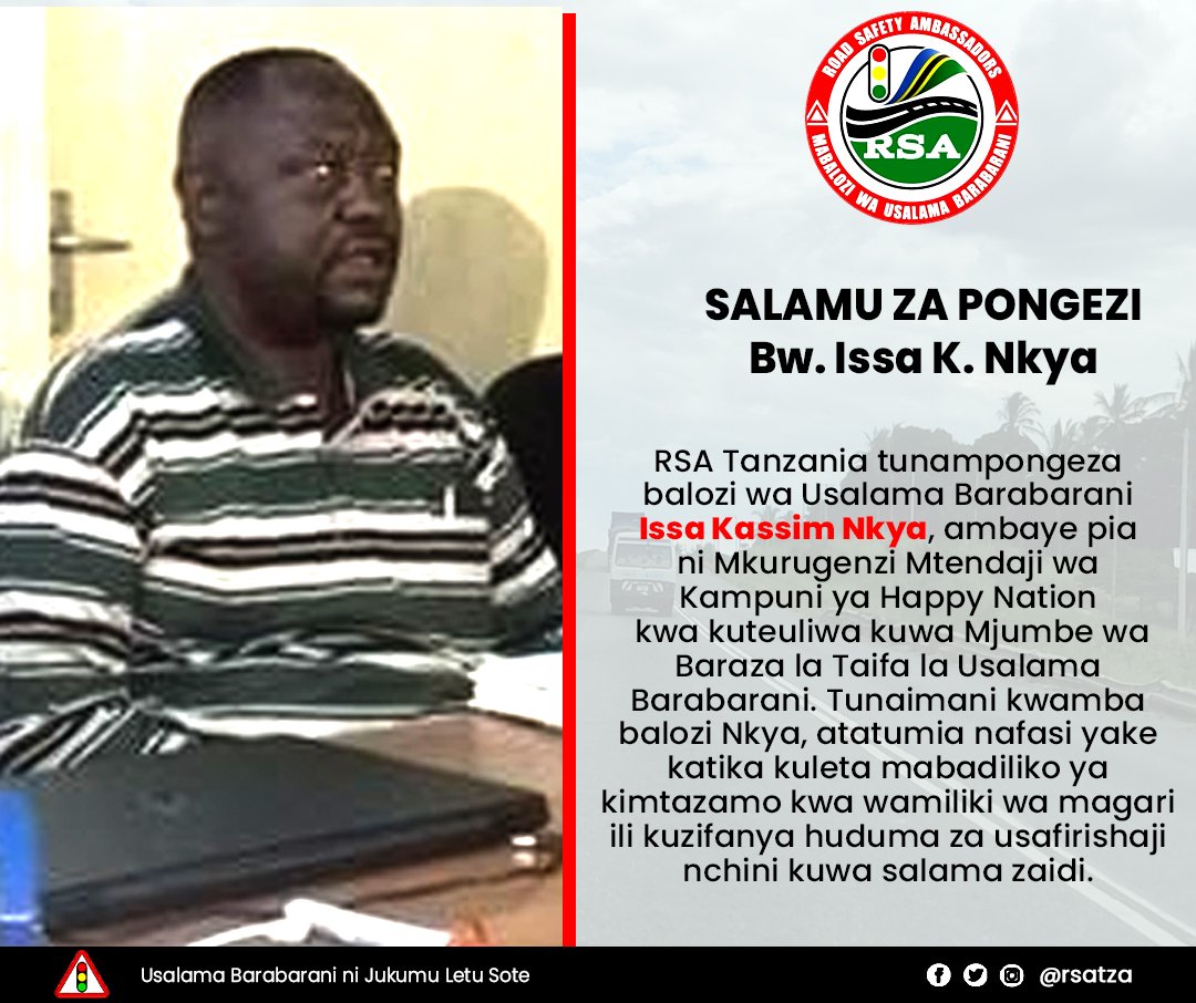 rsatza's tweet photo. RSA Tanzania, tunawapongeza mabalozi na washirika wetu katika kuimarisha usalama barabarani nchini, ambao wameteuliwa kuwa wajumbe katika Baraza la Taifa la Usalama Barabarani Tanzania. Tuna imani na mchango wao katika kuhakikisha tunakuwa na barabara salama. https://t.co/J4MQIYfDPG