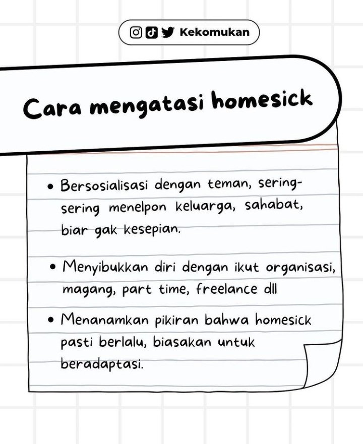kekomukan's tweet photo. tag teman kamu yang sering homesick👇
#anakkost #homesick #tipsanakkost #kekomukan https://t.co/pnjgI4VvQy