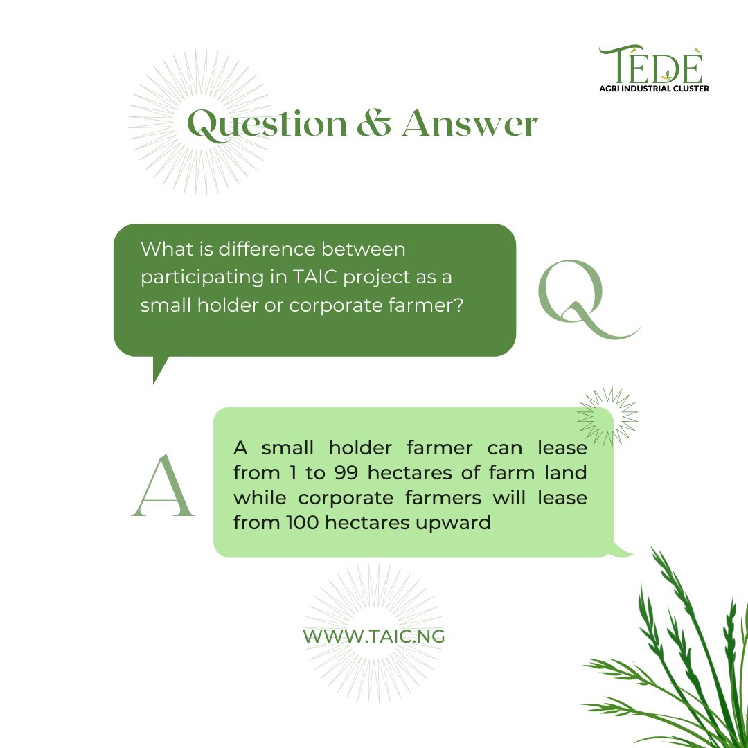 TedeAgri's tweet photo. Hello smart farmers 

Do you know you can now participate In TAIC project as a small holder farmer or corporate farmer.

A small holder farmer can lease from 1-99 hectares of farmland , while Corporate farmer will lease from 100 hectares upwards. https://t.co/HGCBlYI4Wb