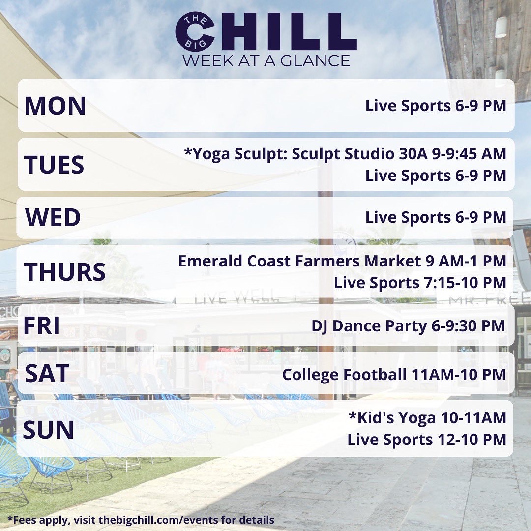 TheBigChill30A's tweet photo. Back at it with another week of fun and sports!🎉 Check out what’s happening this week!

#thebigchill #thebigchill30a #30a #30aeats #30avacation #30avacay #sowal #southwalton #30agetaway #30abeaches #30astyle #hey30a #30aescapes #danceparty #football #farmersmarket https://t.co/PiGQjXg0Uz
