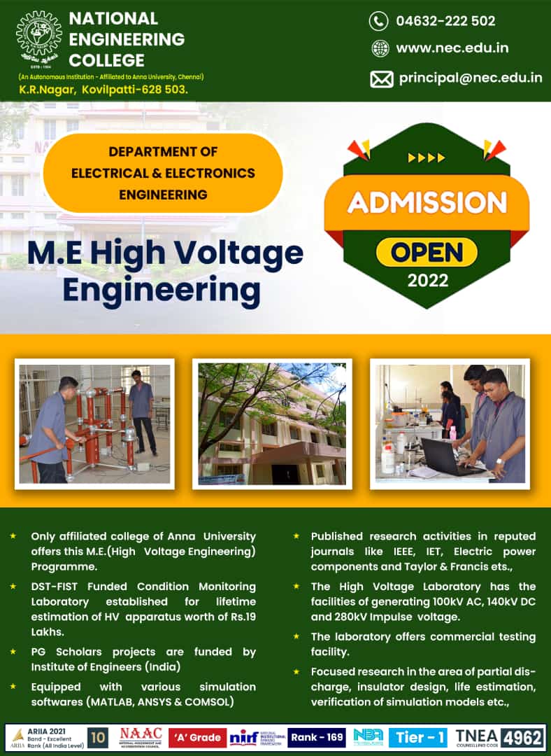NecScience's tweet photo. Admission Open for M.E High Voltage Engineering, Dept of EEE
Visit NEC.!
Feel NEC ..!!
Join NEC...!!!

#NEC #NECKOVILPATTI #COLLEGE #STUDENTS #TAMILNADU #INDIA #TUTICORIN #TIRUNELVELI #KANYAKUMARI #VIRUDHUNAGAR #MADURAI #KERALA #mech #eee #civil #cse #ece #it #infrastructure https://t.co/MVebiahR7E