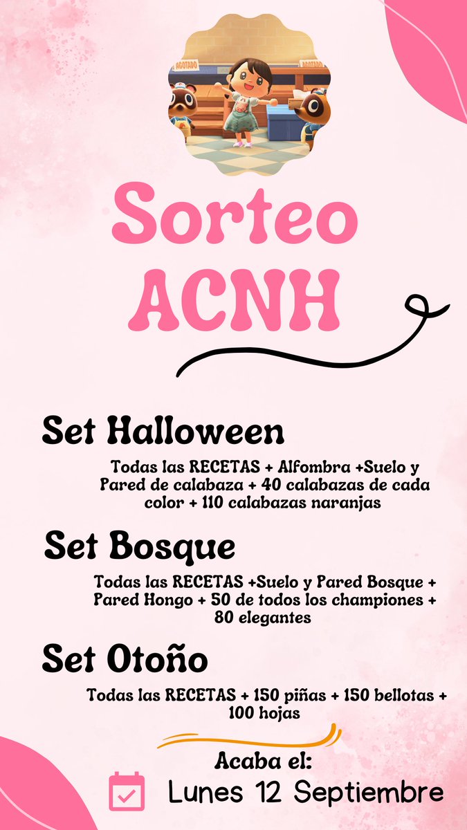 SuenaABollo's tweet photo. 🎟𝚂𝙾𝚁𝚃𝙴𝙾 𝙳𝙴 𝚁𝙴𝙲𝙴𝚃𝙰𝚂🎟 #AnimalCrossing 

🍁 ℙℝ𝔼𝕄𝕀𝕆𝕊 🍁
🥇Set HALLOWEEN
🥈Set BOSQUE
🥉Set OTOÑO

🍂 ℝ𝔼ℚ𝕌𝕀𝕊𝕀𝕋𝕆𝕊 🍂
🔁 RT a este Tweet
❤️ MG a este Tweet
🍁 SEGUIRME (opcional)

Termina el 𝟷𝟸 𝚍𝚎 𝚂𝚎𝚙𝚝𝚒𝚎𝚖𝚋𝚛𝚎

🍂Toda la Info en la Imagen🍂 https://t.co/CpYzEUIBBP