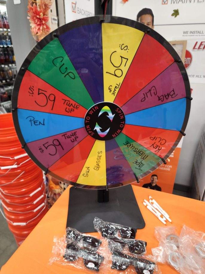 CoveredwIcing's tweet photo. Fun this weekend generating leads and #futurehdassociates in the kids workshop! Added our shiny new prize wheel! @THD_Audrey @BlakeOlivierHD @THDAlex1 @HomeDepotJeff https://t.co/en5Fkj0UQX