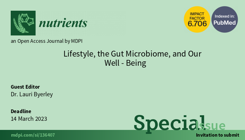 Nutrients_MDPI's tweet photo. #mdpinutrients A Special Issue "Lifestyle, the Gut Microbiome, and Our Well-Being" is open for submission, freely access at https://t.co/d1AUJ7ONLD

Guest Editor: Dr. Lauri Byerley

Deadline: 14 March 2023 https://t.co/7VyXVYbYLY