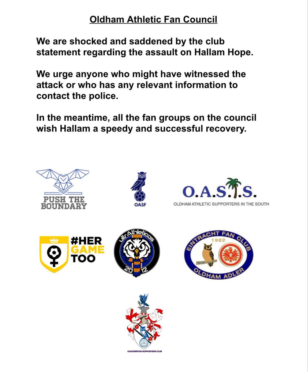 Push The Boundary (@ptb_oafc) on Twitter photo Following the news regarding the ‘vicious assault’ on Hallam Hope, we are sending love and support from all groups on the fan council.
All #oafc fans stand together against this horrific incident and we hope to see Hallam representing <a href="/OfficialOAFC/">Oldham Athletic</a> on the pitch again soon 💙 Following the news regarding the ‘vicious assault’ on Hallam Hope, we are sending love and support from all groups on the fan council.
All #oafc fans stand together against this horrific incident and we hope to see Hallam representing <a href="/OfficialOAFC/">Oldham Athletic</a> on the pitch again soon 💙