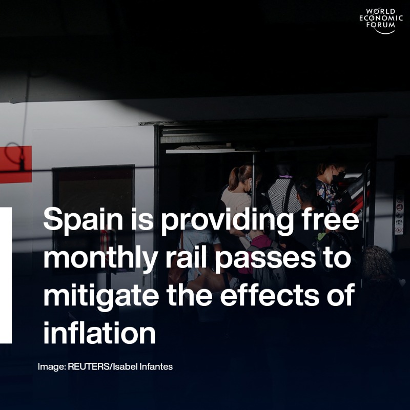 wef's tweet photo. The Spanish government is providing free monthly rail passes to battle rising inflation-fuelled costs. 

It's expected that 75 million free railway journeys will be made by the end of the year. 

Learn more: https://t.co/0GsXcyGfPR #spain #transport