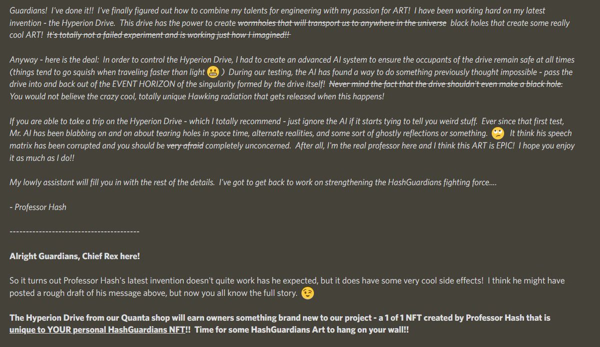 HashGuardians's tweet photo. 🕵️Apparently the Professor's failed Hyperion Drive is creating 1 of 1 art pieces forged in the image of whatever #HashGuardian uses it.🤯
But that doesn't tell us WHY he is trying to make a wormhole or what they are for....
The truth is close...🔔ON!
#Cardano #NFT #ADA #CNFT https://t.co/gh1PyY6e0V